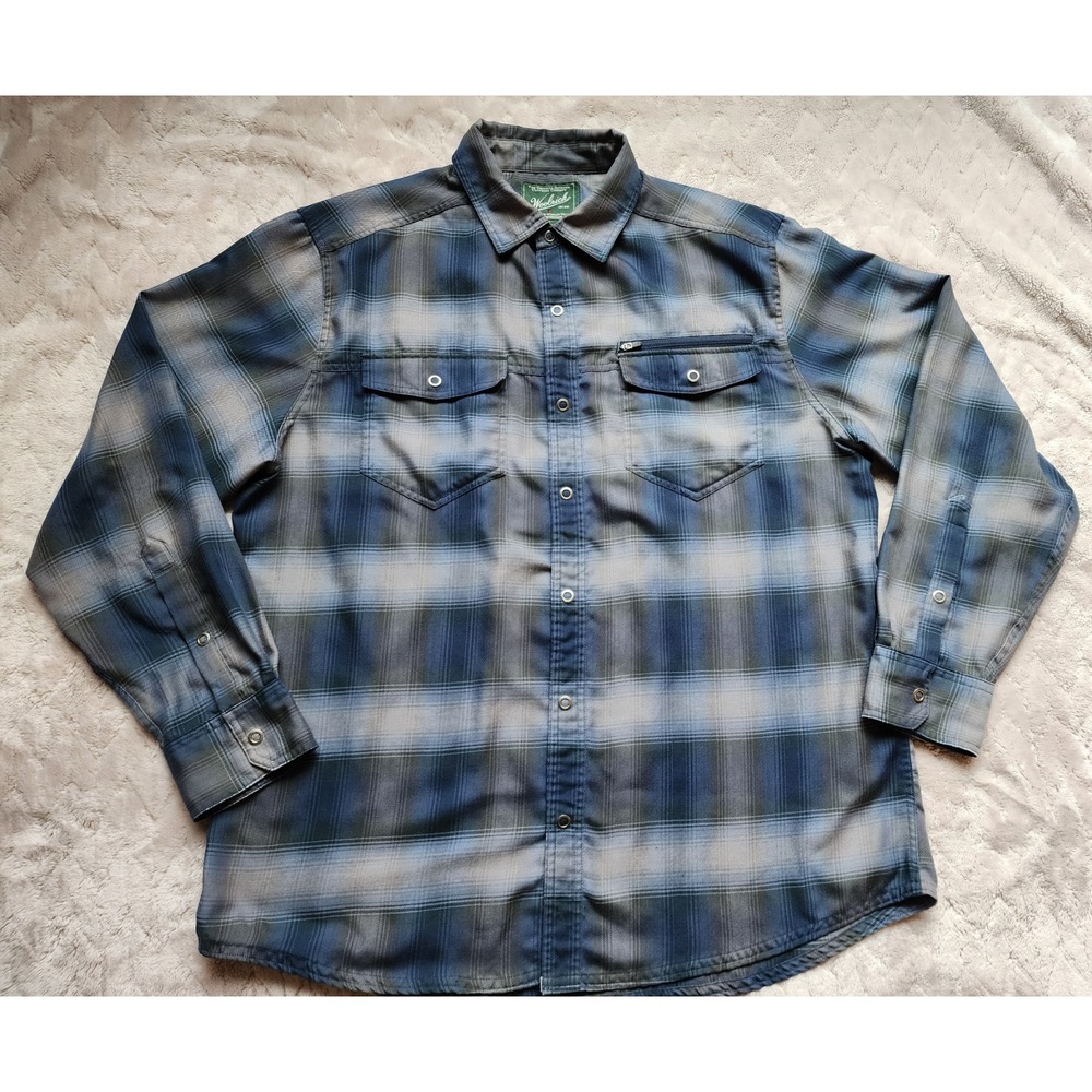 Woolrich Mens Lightweight Flannel Shirt Blue Green Plaid Snap Front Large